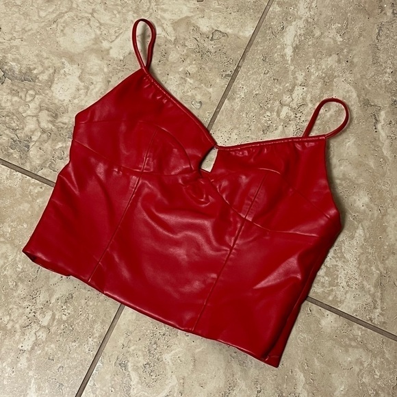 New! WAYF x Jourdan Sloane Giselle Faux Leather Crop Camisole Top - Medium - RED - Picture 11 of 16